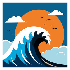 Vector art illustration of ocean waves and red sun