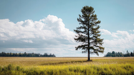 Obraz premium A tall pine tree standing alone in a vast meadow background