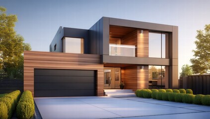 Fototapeta premium Modern architectural design of a luxurious home with wooden accents and a sleek garage.