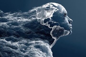 Close-up of human face blending with Earth's globe in digital artistic style