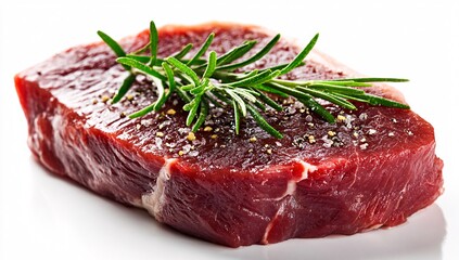 Raw Beef Steak with Rosemary and Salt on White Background