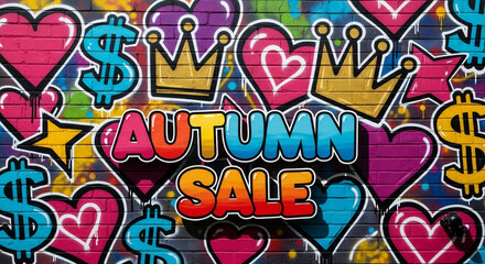 Vibrant graffiti art announces an exciting Autumn Sale with bold hearts, crowns, and dollar signs, perfect for dynamic retail promotions.