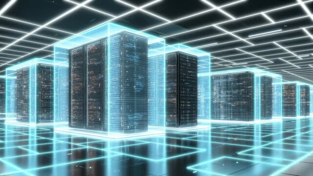This showcases a high-tech data center filled with glowing server racks and sleek architecture. The modern design emphasizes efficiency and advanced data management systems - Powered by Adobe