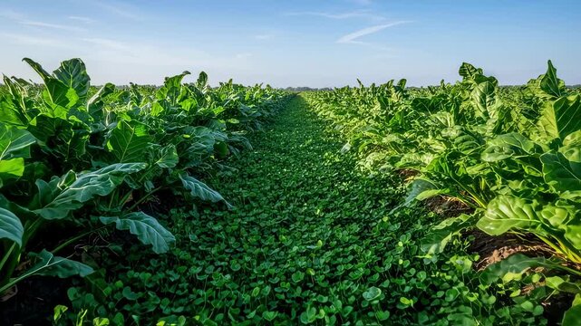 Medium shot of lush cover crops thriving between sugar beet rows demonstrating natural erosion control and soil health promotion in agricultural fields.