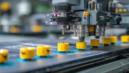 Close-up of automated machine working on circuit boards