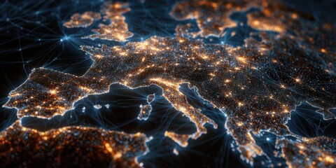 European map of city lights and connections