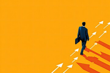 Businessman walking forward on upward arrows