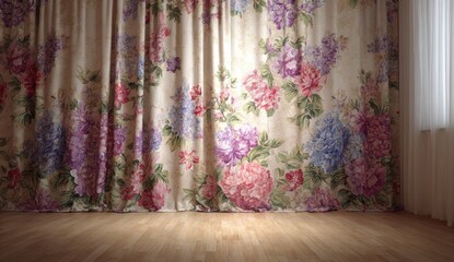 Empty room with floral patterned curtains