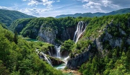 Panoramic view of waterfalls cascading down rocky cliffs amidst lush green forests