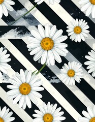 White daisies on a black and white diagonal striped background with textured overlays