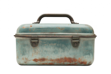 Weathered vintage tool box isolated on transparent background with rust patina showing aged character