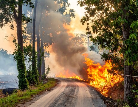 Forest fire raging along a dirt road