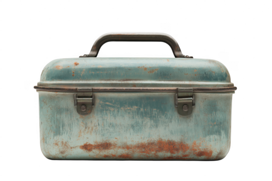 Weathered vintage tool box isolated on transparent background with rust patina showing aged character
