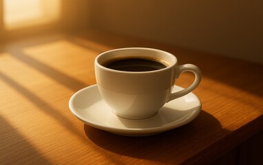  A cup of hot coffee placed on a wooden table with warm morning sunlight, cozy and relaxing atmosphere.