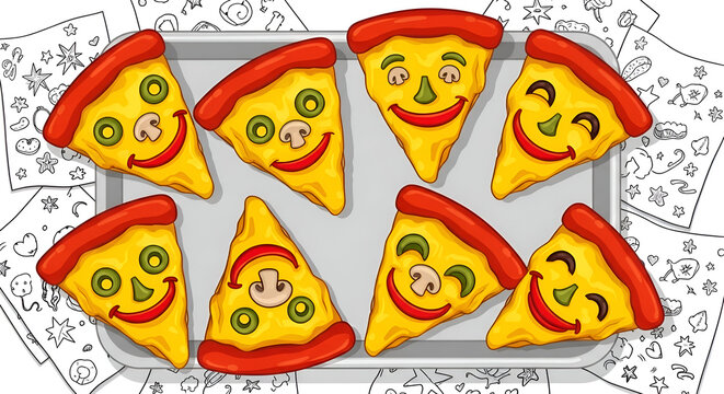 Cartoon pizza slices with smiling faces on a tray, a fun and delicious food illustration