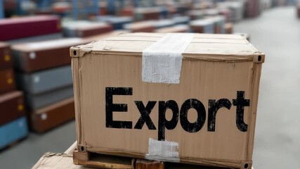 Global shipping box: export stamp, trade port, sealed parcel, cargo move, route mark, freight course, labeled lid, customs pass, transport scheme, economic bridge, border path, storage dock