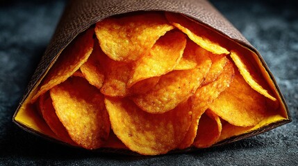 Golden crispy potato chips ready to eat in brown paper cone, snack time delicious food photography for restaurant menu or food blog, tantalizing taste