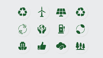 Green environmental conservation icons recycling symbol wind turbine