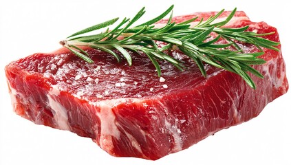 Raw Beef Steak with Rosemary and Salt on White Background