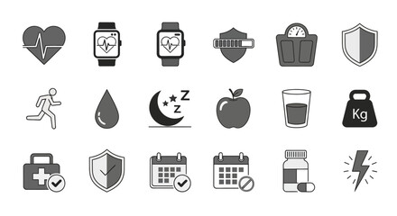Health and Fitness Icons Representing Wellness and Healthy Lifestyle Choices.