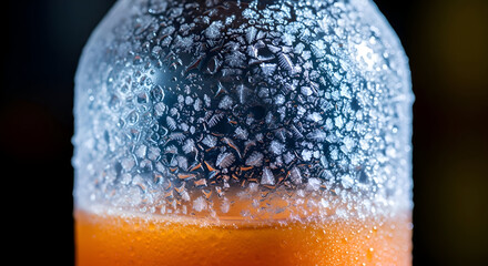 Chilled Bottle Encased in Icy Crystals with Refreshing Orange Beverage Inside