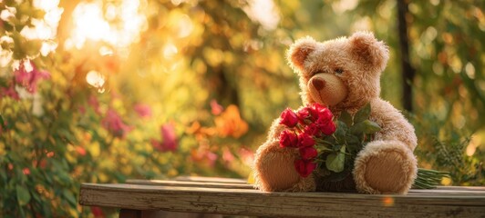 The Teddy Bear Holding Red Roses on a Wooden Bench in a Sunlit Garden