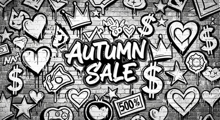 Dynamic graffiti art announces massive autumn sale with bold lettering and festive icons like hearts, crowns, and dollar signs on brick wall