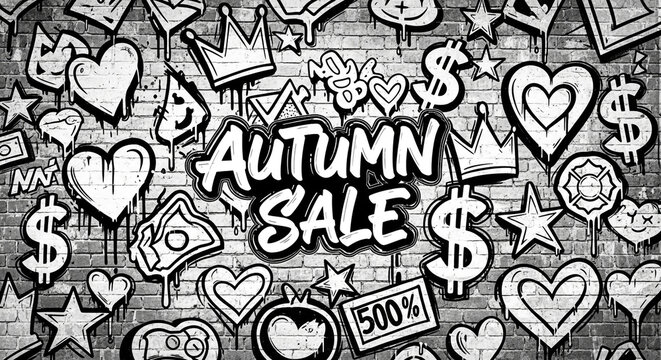 Dynamic graffiti art announces massive autumn sale with bold lettering and festive icons like hearts, crowns, and dollar signs on brick wall - Powered by Adobe