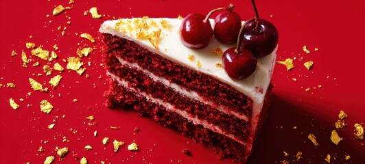 The Red Velvet Cake Slice with Cream Cheese Frosting, Fresh Cherries, and Gold Leaf