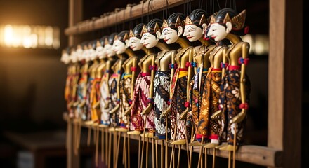A row of wayang puppets creates a nostalgic atmosphere