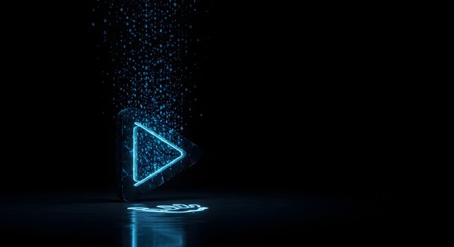 Glowing blue play button icon dissolving into digital particles, futuristic technology concept, dark background