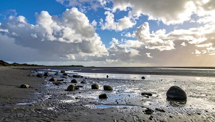 Dramatic beach scene under a partly cloudy sky