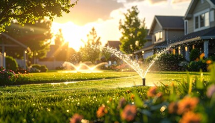 Residential lawn being watered by sprinklers at sunset.