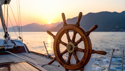 Golden sunset view from a sailboat's deck, focusing on the ship's wheel.