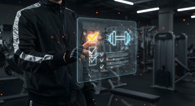 Modern fitness tracking concept with digital interface and gym equipment overlay, health technology.