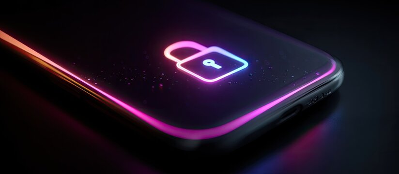 Futuristic smartphone with a neon lock icon