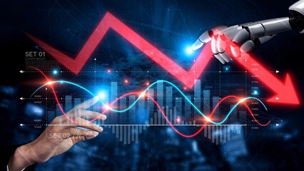 Economic caution visualized with fluctuating market graph, alert symbols, and negative data trends. Represents financial risk, market volatility, and economic uncertainty. Muxer