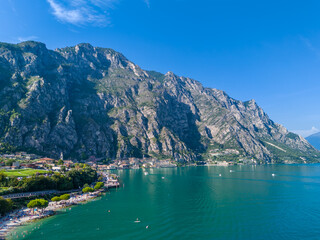 Limone sul Garda. Aerial view of panoramic Garda lake and Italian Alps mountains. Lombardy drone landscape