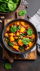 Colorful stew in a bowl, garnished with fresh greens