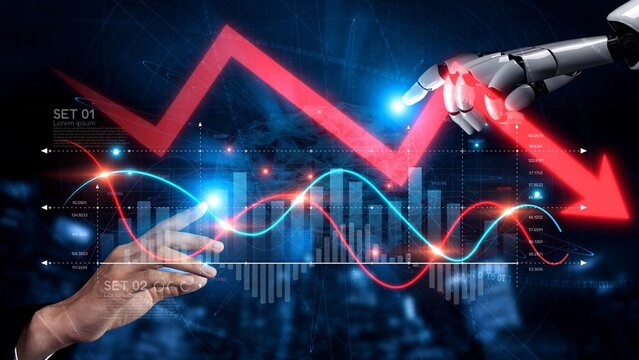 Economic caution visualized with fluctuating market graph, alert symbols, and negative data trends. Represents financial risk, market volatility, and economic uncertainty. Muxer