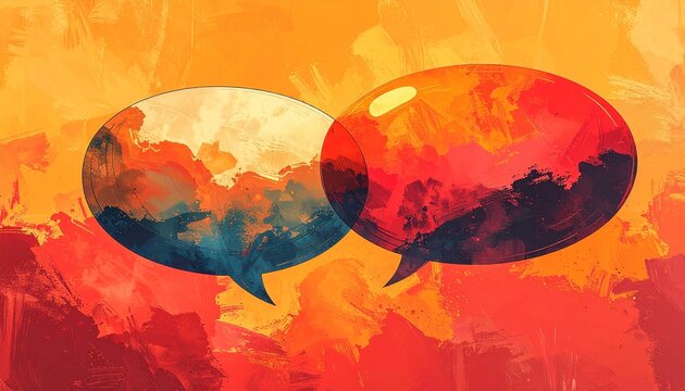 Two stylized speech bubbles overlapping, filled with abstract landscapes and vibrant colors.