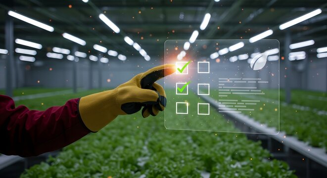 Modern vertical farming technology with a gloved hand interacting with a digital checklist interface.