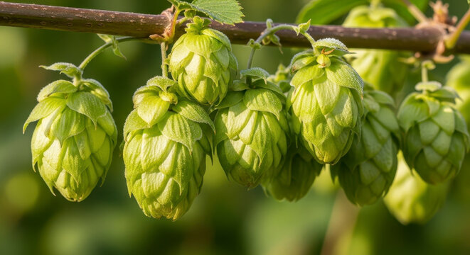 Dew Covered Hops Flowers Growing on a Branch in Morning Sunlight