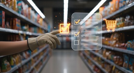 Smart shopping list and hand interacting with a digital interface in supermarket aisle.