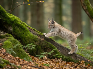 Obraz premium A lynx kitten climbs a mossy fallen tree in a forest