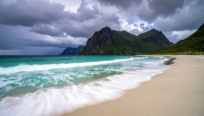 Dramatic beach scene with turquoise water and dramatic clouds