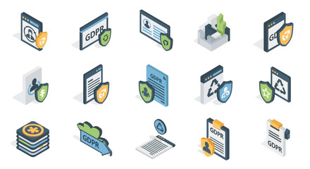 Isometric icons representing data protection and security measures for digital privacy.