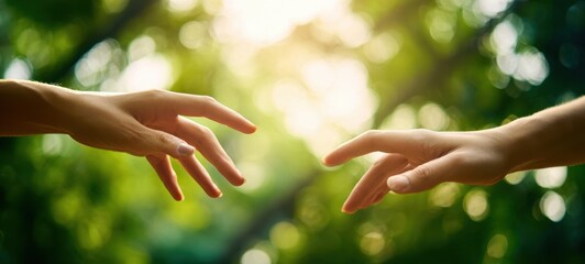 The Hands Reaching Toward Each Other Under Sunlit Green Bokeh