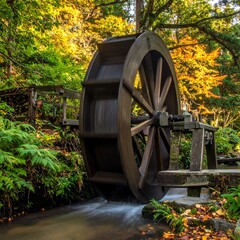Autumnal water wheel in a stream
