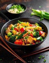 Colorful stir-fry in wok